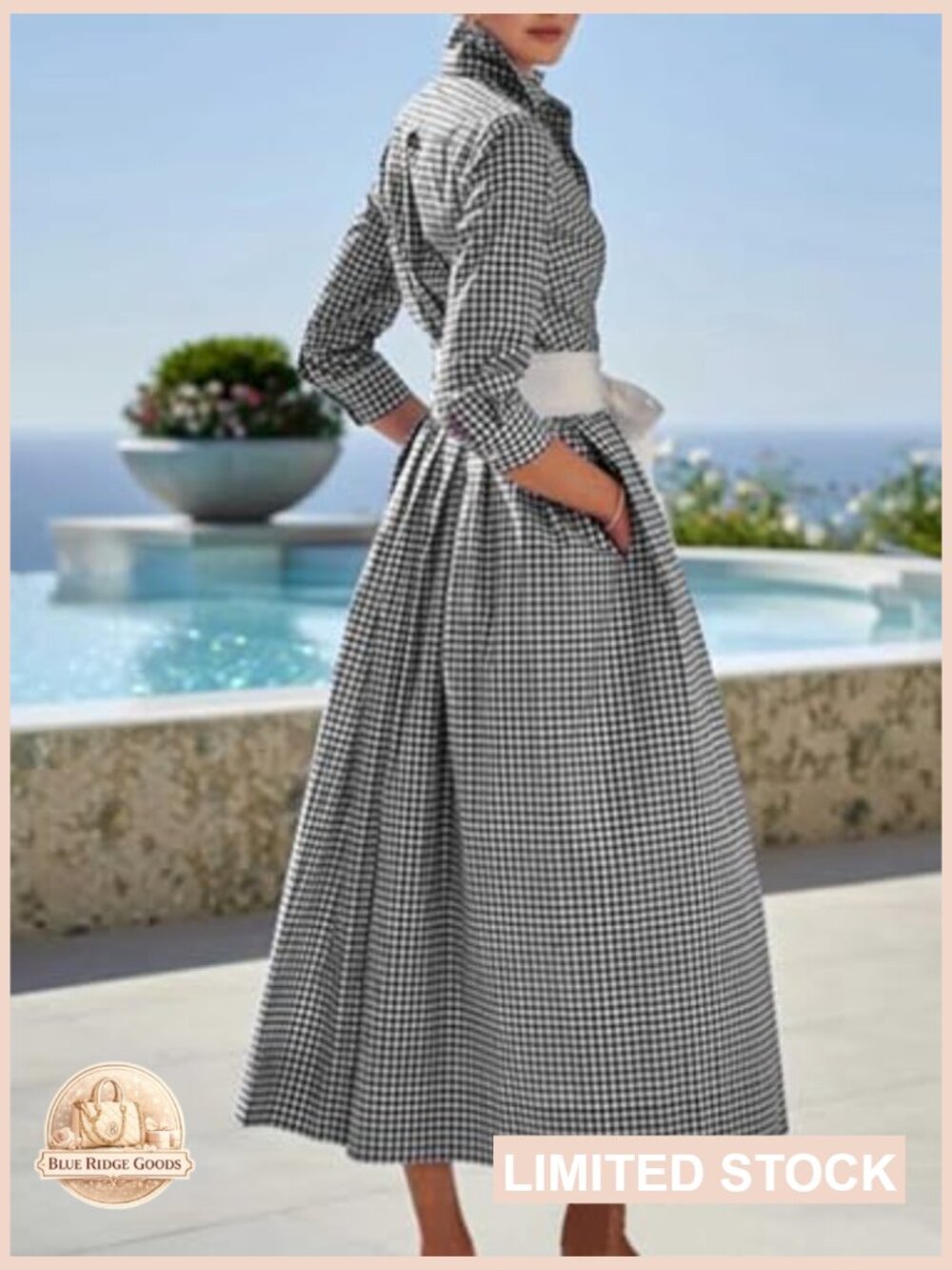 Retro Plaid Button Up Maxi Shirt Dress 3/4 Sleeve Gingham Pocketed with Belt - Picture 2 of 3